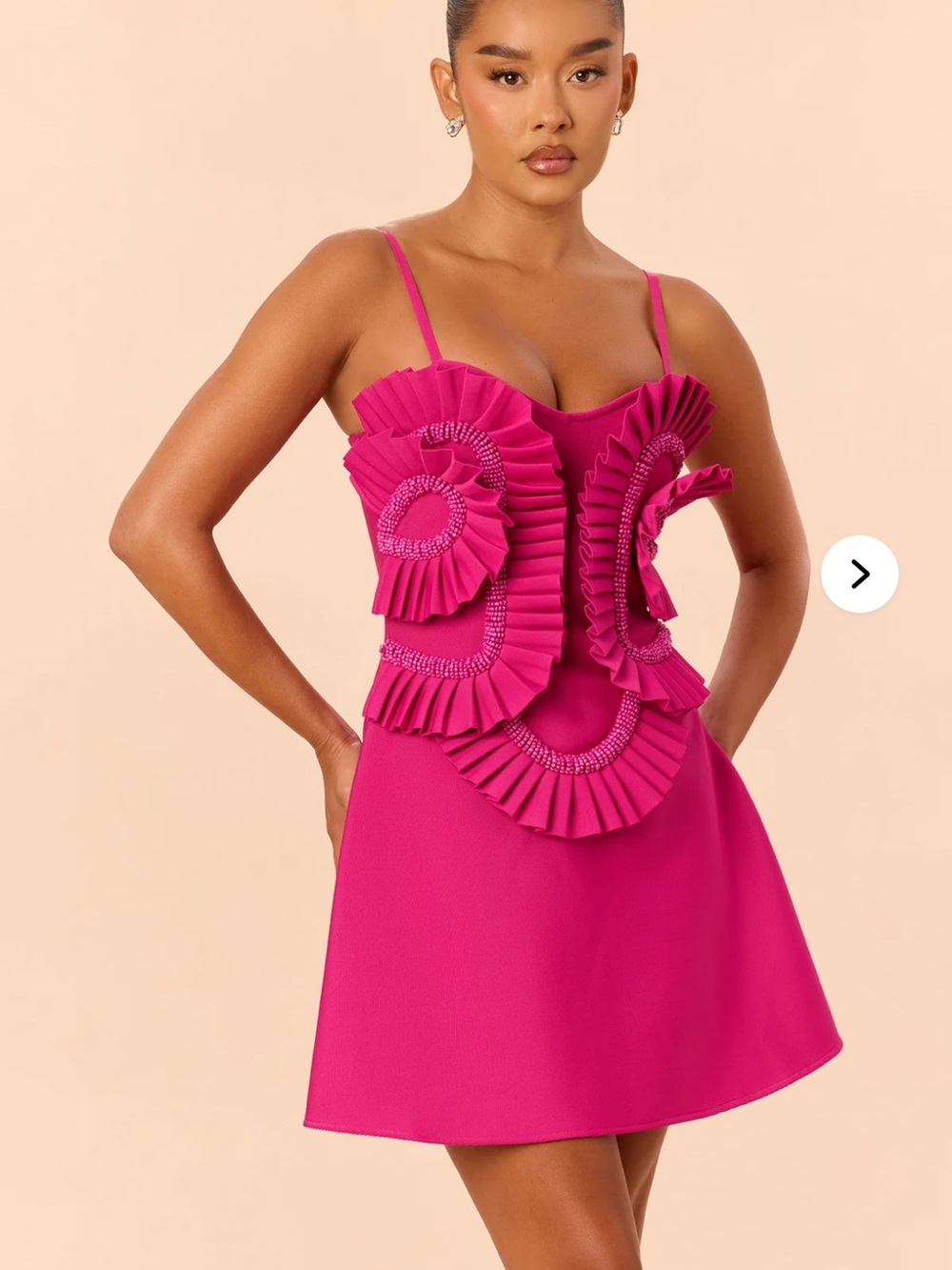 Fuchsia Ruffle Beaded Mini Dress - Women's